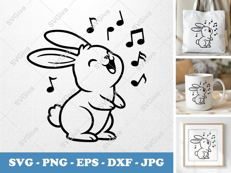 Rabbit SVG, Singing Bunny with Music Notes, Cute Animal Clipart, PNG EPS DXF for Cricut, Silhouette, Digital Download