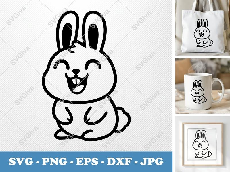 Rabbit SVG, Smiling Happy Puffy Pillow Soft Shapes, PNG DXF EPS Cut File for Cricut Silhouette