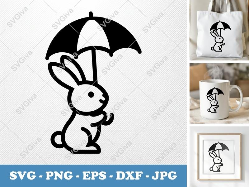 Rabbit SVG, Umbrella Cut File, Cute Bunny Clipart | PNG EPS DXF for Cricut, Silhouette, Digital Download