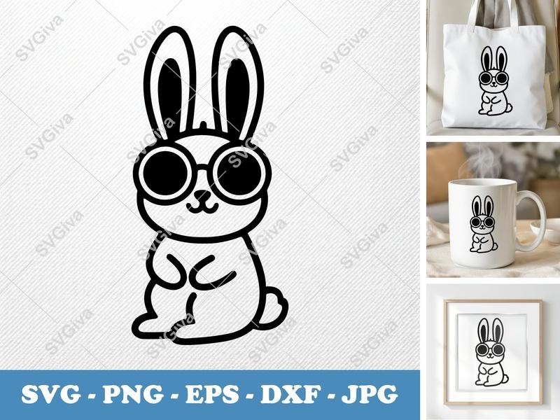 Rabbit Wearing Sunglasses SVG | Minimalist Contour Cut File | PNG DXF EPS | Cricut Silhouette Design | Animal Vector Graphic