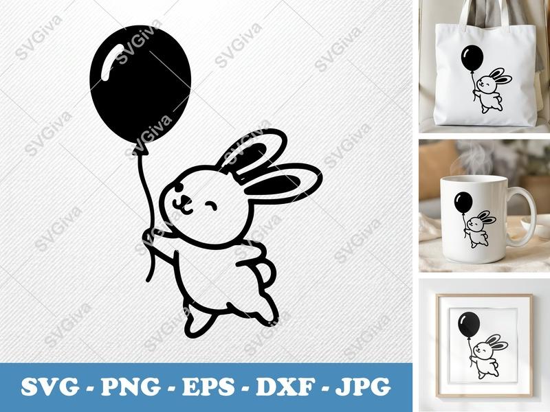 Rabbit with Balloon SVG, Minimalist Cartoon PNG DXF EPS | Cricut Silhouette Cut File
