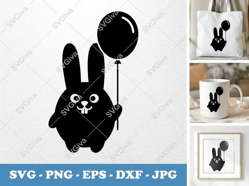 Rabbit with Balloon SVG PNG DXF EPS | Cricut Silhouette Cut File Animal Easter