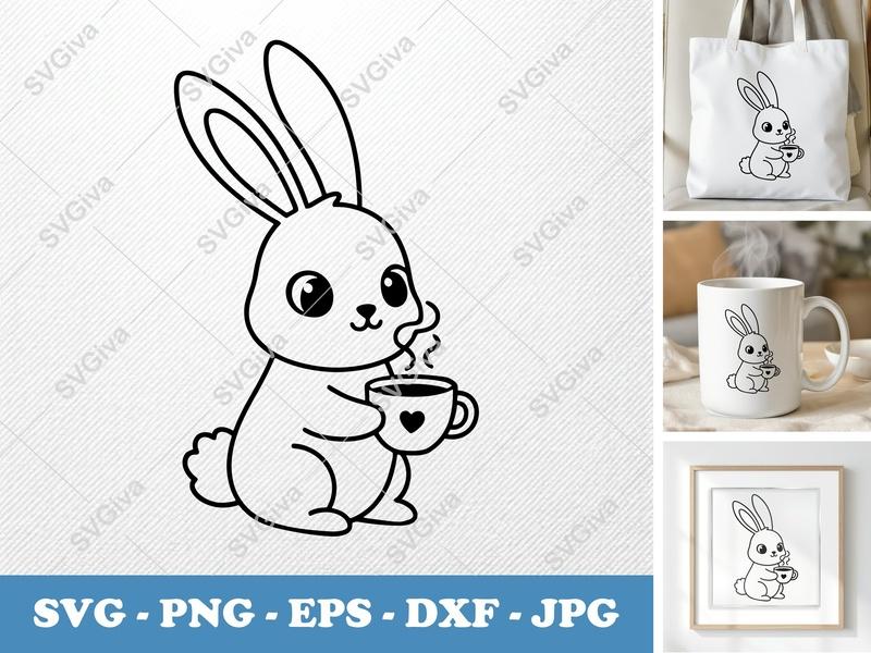 Rabbit with Coffee Cup SVG | Friendly Rounded Body Bean-Shaped Forms | PNG DXF EPS | Cricut Silhouette File
