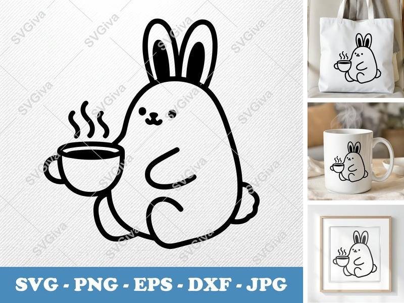 Rabbit with Coffee Cup SVG | Puffy Soft Forms | PNG DXF EPS | Cricut Silhouette File | Cute Animal Design