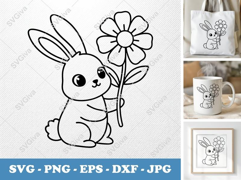 Rabbit with Flower SVG | Friendly Rounded Body Bean-Shaped Forms | PNG DXF EPS | Cricut Silhouette File