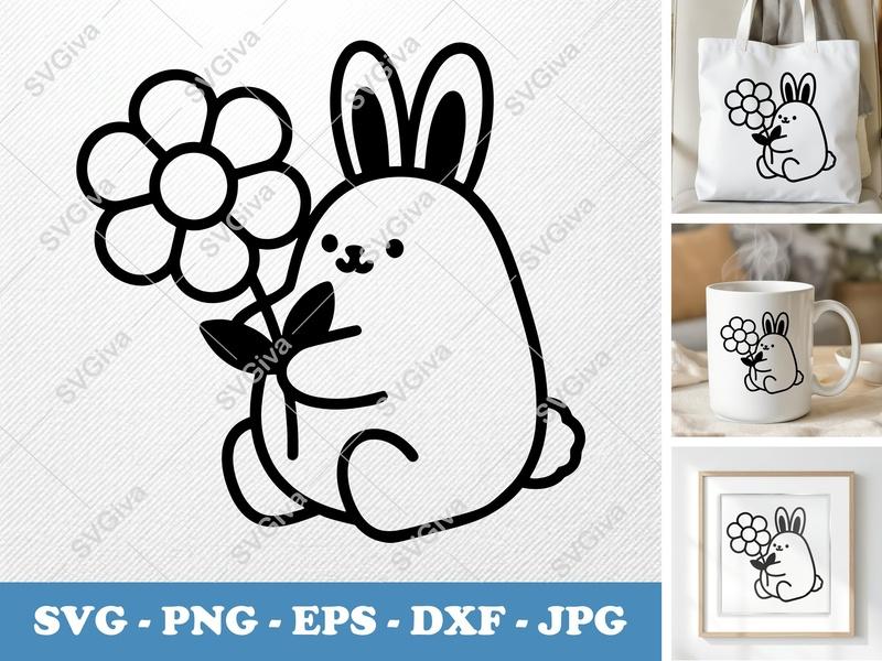 Rabbit with Flower SVG | Puffy Soft Shapes Cut File | Inflated Pillow Art | PNG DXF EPS | Cricut Silhouette Ready