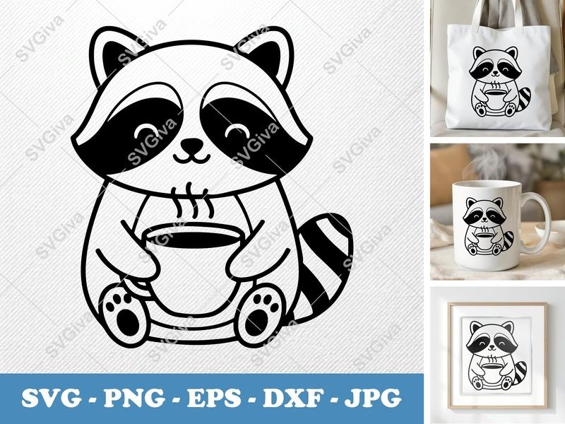 Raccoon Coffee SVG, Cute Animal Drinking PNG, EPS, DXF Cut File for Cricut, Silhouette, Modern Vector Clipart