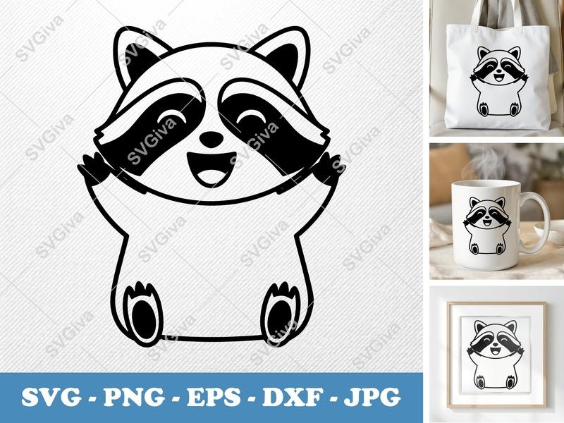 Raccoon Happy SVG, Cute Animal Cut File | PNG EPS DXF | Cricut Silhouette Design | Modern Raccoon Clipart Vector