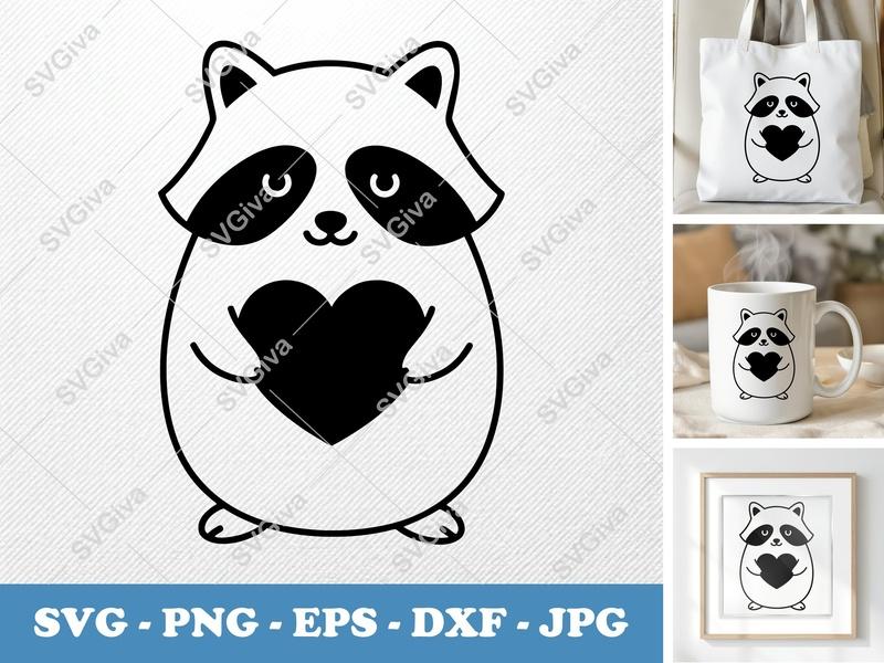Raccoon holding a heart | Friendly Bean Shaped SVG | Rounded Body Raccoon | PNG DXF EPS | Cricut Silhouette File