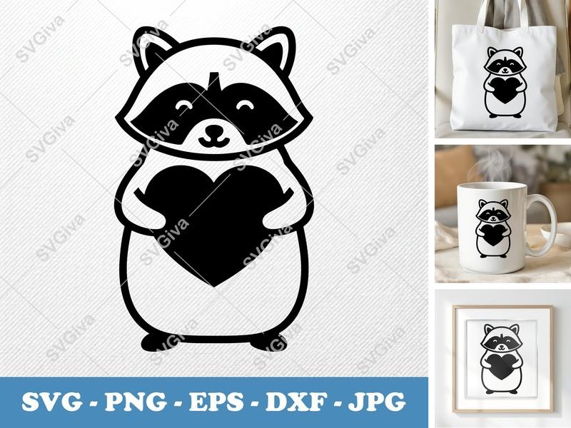Raccoon Holding Heart SVG | Minimalist Vector Cut File | Bold Outline PNG DXF EPS for Cricut Silhouette