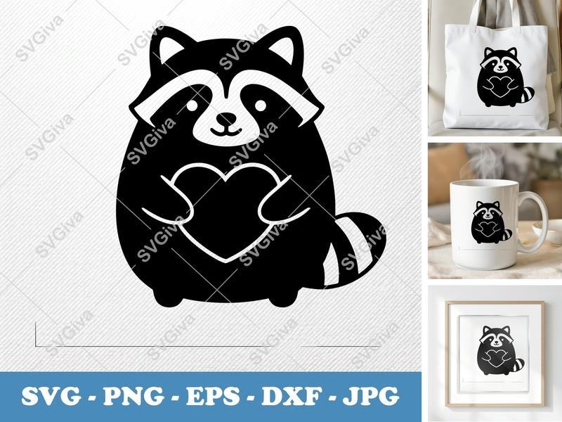 Raccoon Holding Heart SVG | Puffy Pillow Soft Shapes | PNG DXF EPS | Cricut Silhouette Cut File