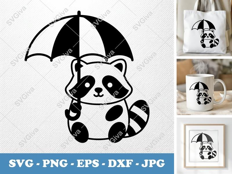 Raccoon Holding Umbrella SVG PNG DXF EPS | Cute Animal Cut File for Cricut Silhouette