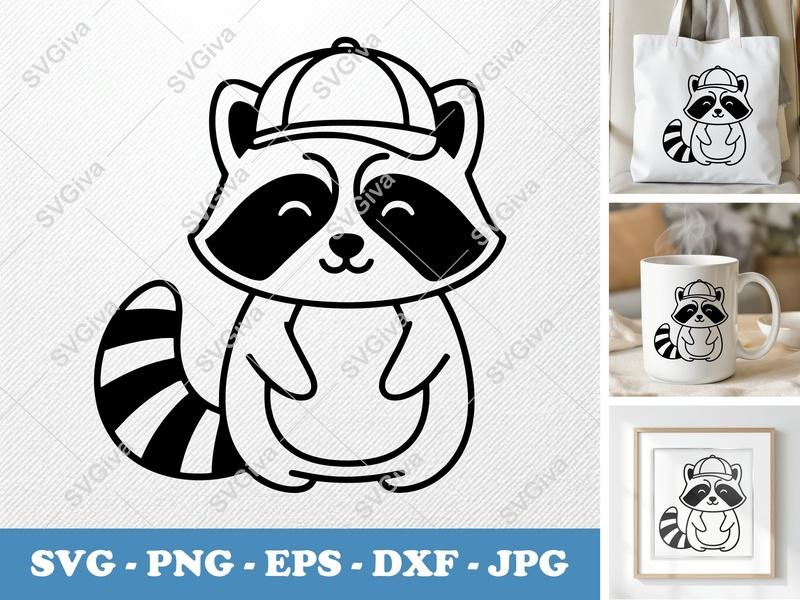 Raccoon in a Cap SVG | Friendly Rounded Bean-Shaped Forms | PNG DXF EPS | Cricut Silhouette Cut File