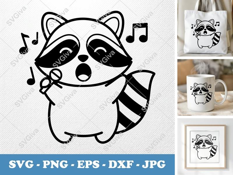 Raccoon Singing SVG, Cute Music Raccoon PNG, EPS, DXF | Cricut & Silhouette Cut File | Musical Animal Vector