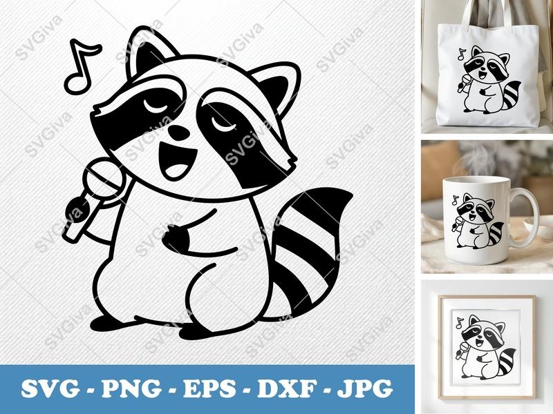 Raccoon Singing SVG, Karaoke Clipart, Music Note PNG, EPS, DXF | Cute Animal Cut File for Cricut, Silhouette, Shirt Design
