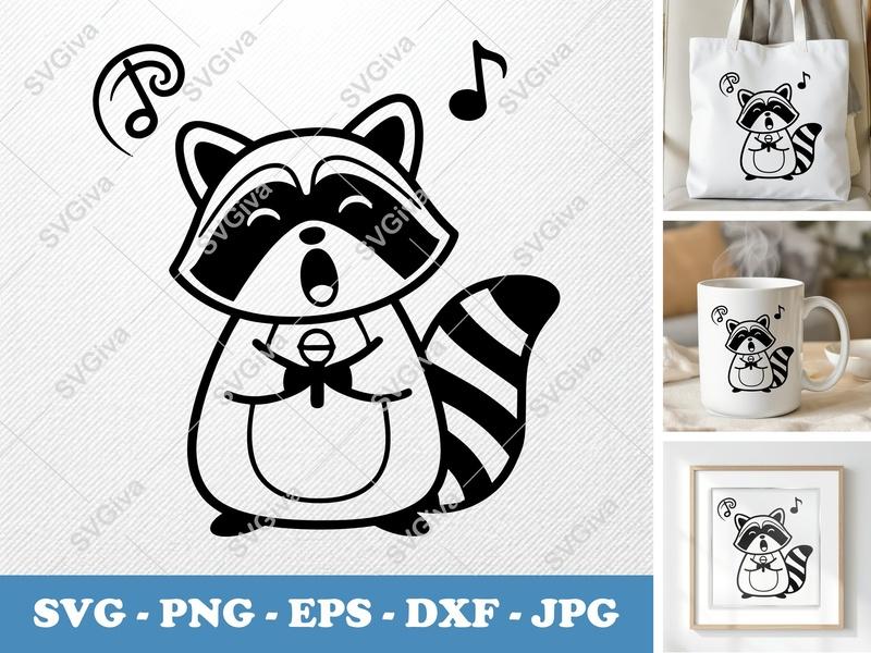 Raccoon Singing SVG, Modern Music Animal Cut File, PNG EPS DXF for Cricut & Silhouette, Musical Notes Clipart
