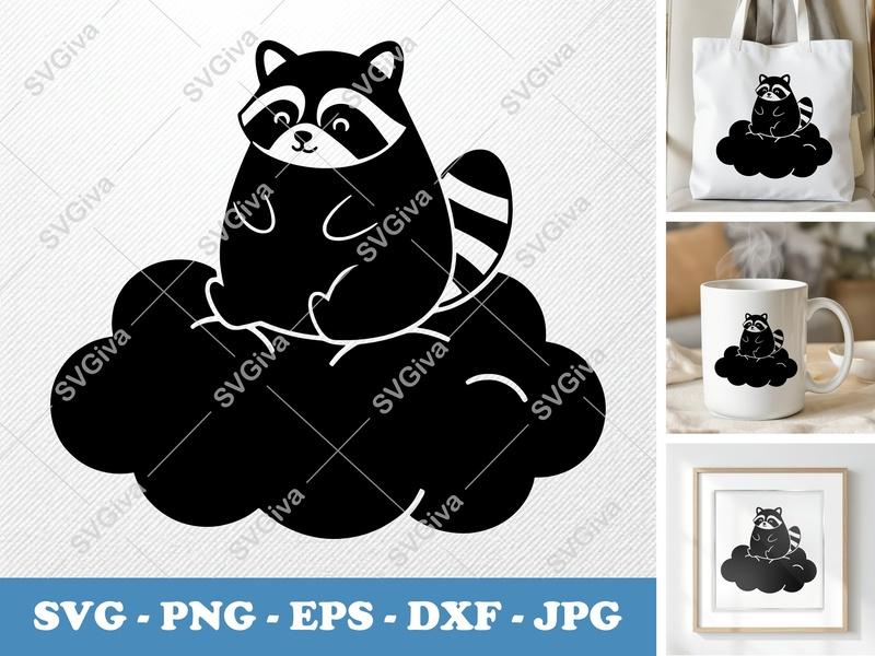 Raccoon Sitting on Cloud SVG | Puffy Soft Shapes | PNG DXF EPS | Cricut Silhouette Cut File