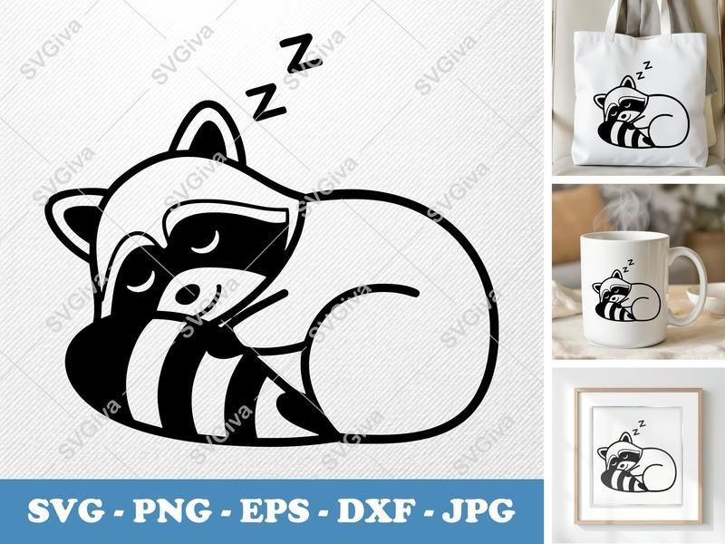 Raccoon Sleeping SVG, Cute Animal PNG, EPS, DXF | Modern Cut File for Cricut, Silhouette | Baby Raccoon Clipart
