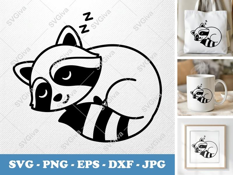 Raccoon Sleeping SVG, Modern Raccoon Cut File | PNG EPS DXF | Cricut & Silhouette Design, Animal Clipart, Sleepy Raccoon