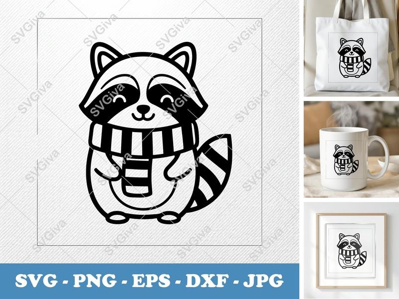 Raccoon SVG Cut File | Cute Woodland Animal, Striped Scarf, Happy Face | PNG EPS DXF for Cricut Silhouette