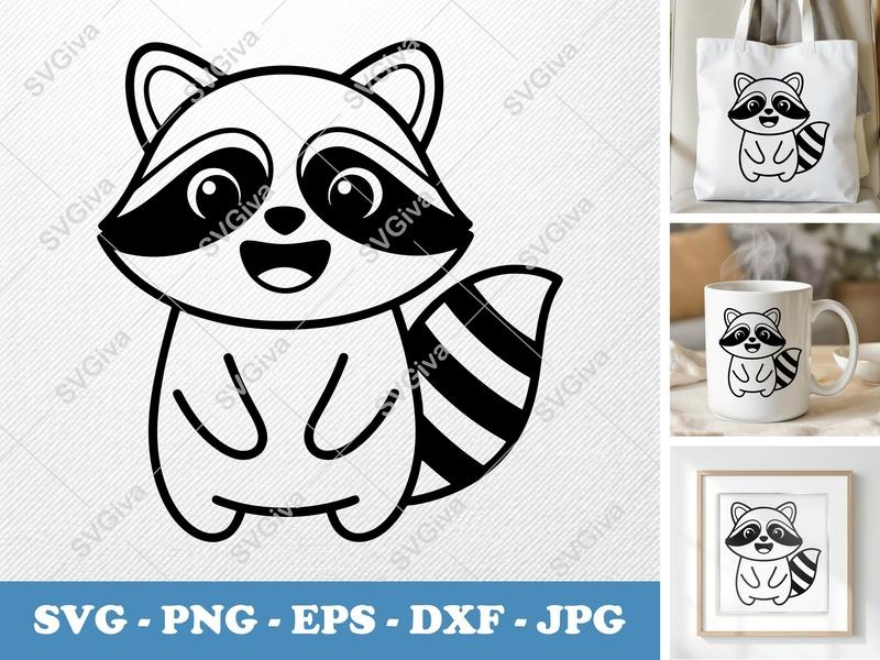Raccoon SVG Cut File, Happy Raccoon Clipart, Digital Download PNG EPS DXF for Cricut & Silhouette