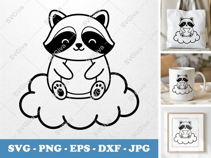Raccoon SVG Cute Cloud Design, Kawaii Animal Cut File | PNG, EPS, DXF for Cricut & Silhouette | Baby Nursery Clipart