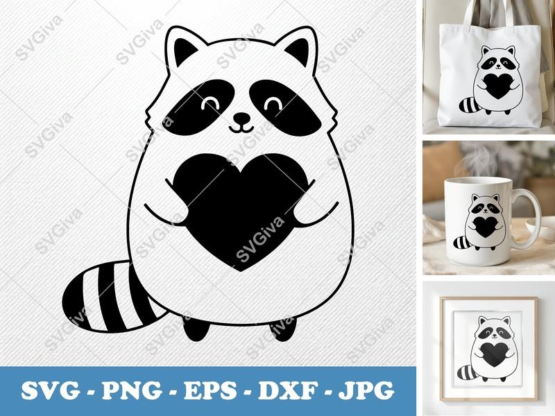 Raccoon SVG | Cute Modern Clean Design, Heart Raccoon, Animal Clipart | PNG EPS DXF | Cricut Silhouette Cut File