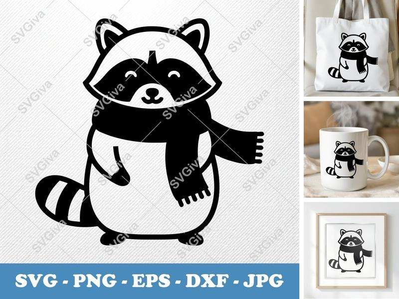 Raccoon SVG | Cute Modern Clean Design, Scarf Animal Cut File | PNG EPS DXF for Cricut, Silhouette, Vinyl Decal