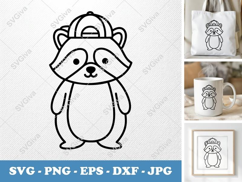 Raccoon SVG | Cute Modern Raccoon with Cap | Animal Cut File | PNG, EPS, DXF for Cricut & Silhouette