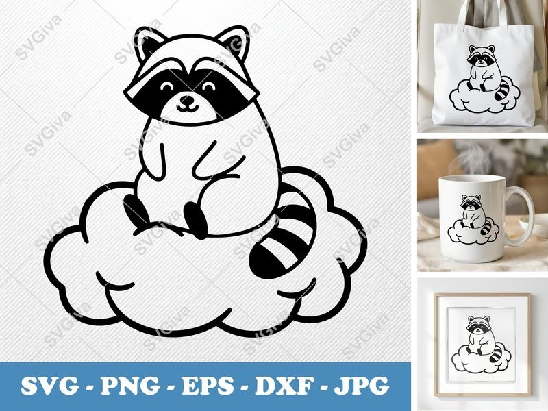 Raccoon SVG | Cute Raccoon on Cloud Cut File | Modern Animal Clipart | PNG EPS DXF for Cricut, Silhouette