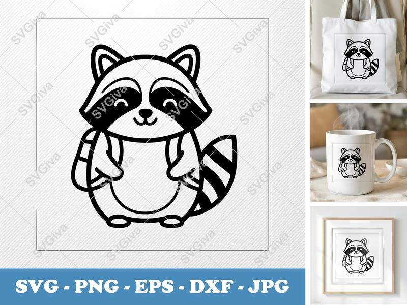 Raccoon SVG | Cute Raccoon with Backpack | Kawaii Animal Cut File for Cricut, Silhouette | PNG, EPS, DXF | Modern Cartoon Design