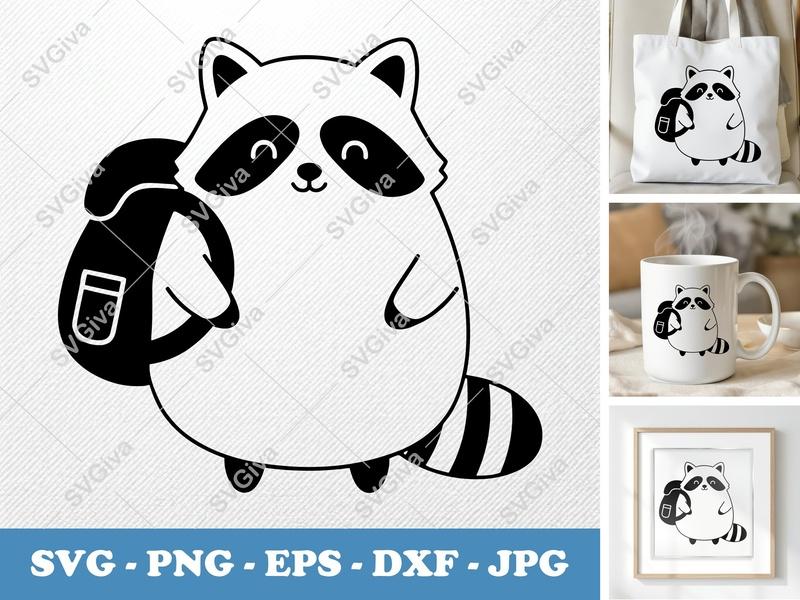 Raccoon SVG | Cute Raccoon with Backpack | Modern Animal Cut File for Cricut, Silhouette | PNG, EPS, DXF | Kawaii Clipart