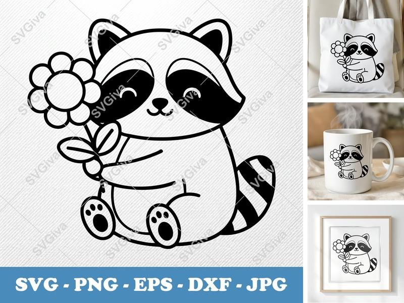 Raccoon SVG | Cute Raccoon with Flower Clipart | Modern Animal Outline | PNG EPS DXF for Cricut & Silhouette