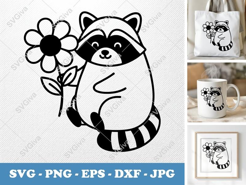 Raccoon SVG | Cute Raccoon with Flower | Modern Animal Cut File for Cricut & Silhouette | PNG, EPS, DXF Included