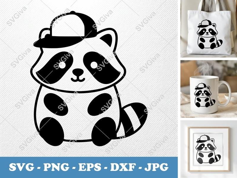Raccoon SVG | Cute Raccoon with Hat | Modern Animal Clipart | PNG EPS DXF | Cricut Silhouette Cut File