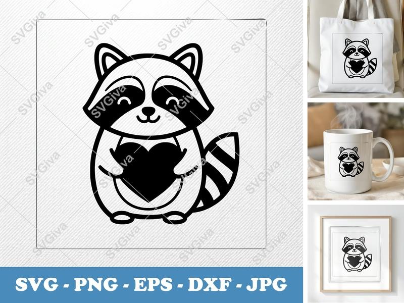 Raccoon SVG | Cute Raccoon with Heart | Digital Cut File for Cricut, Silhouette | PNG EPS DXF | Animal Love Clipart
