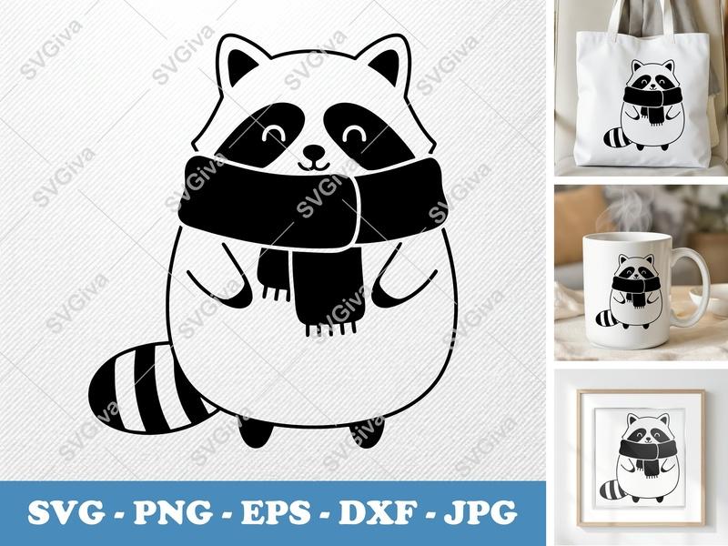 Raccoon SVG, Cute Winter Raccoon with Scarf, Cartoon Animal PNG EPS DXF, Cricut Silhouette Cut File, Modern Raccoon Design
