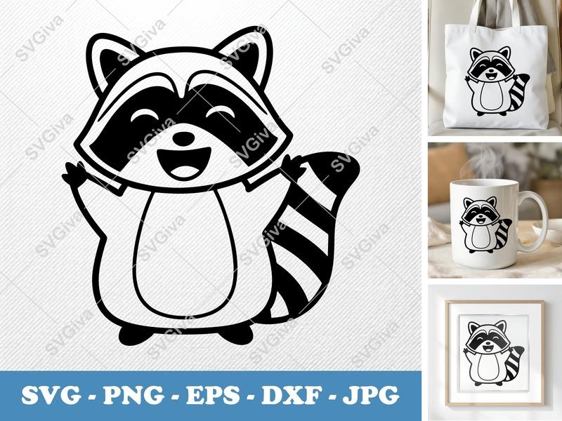 Raccoon SVG | Happy Cartoon Raccoon Cut File | Modern Animal | PNG EPS DXF | Cricut Silhouette Design