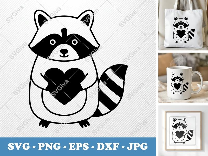 Raccoon SVG | Modern Cartoon Raccoon with Heart Design | PNG EPS DXF | Cricut Silhouette Cut File