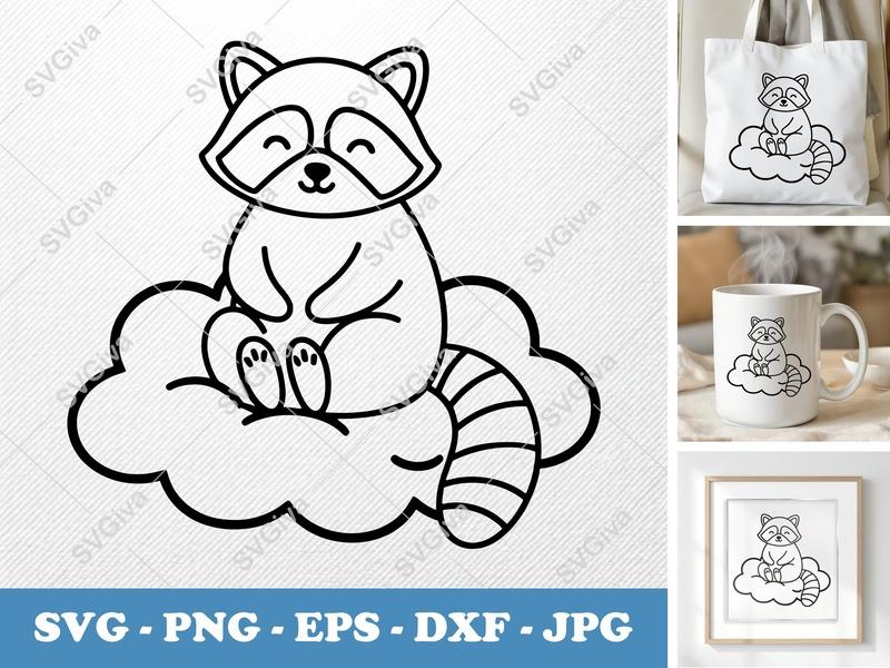 Raccoon SVG, Rounded Friendly Bean-Shaped Design | Sitting on Cloud Cut File | PNG DXF EPS | Cricut Silhouette