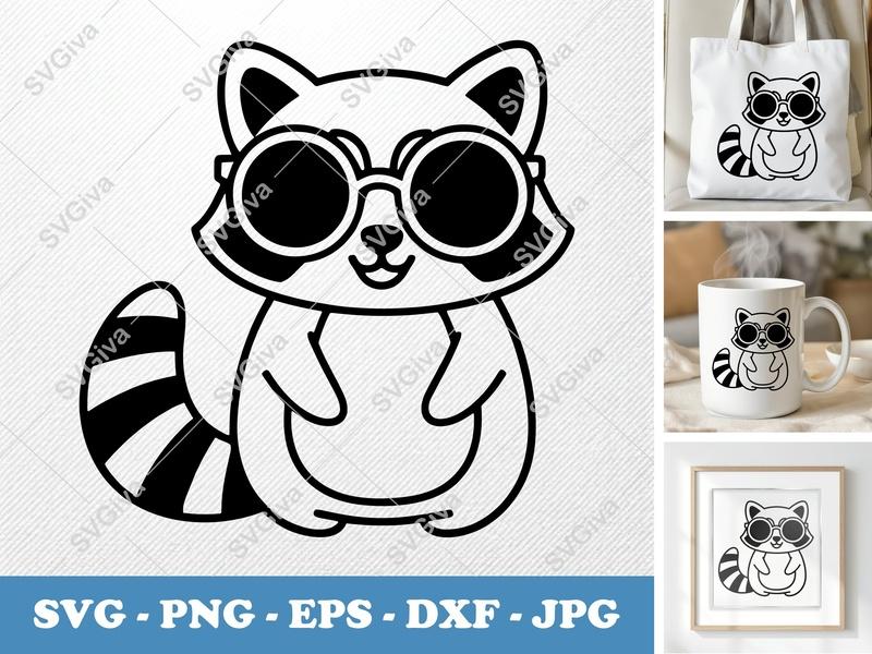 Raccoon SVG | Rounded Friendly Bean Style | Wearing Sunglasses Cut File for Cricut, Silhouette | PNG DXF EPS