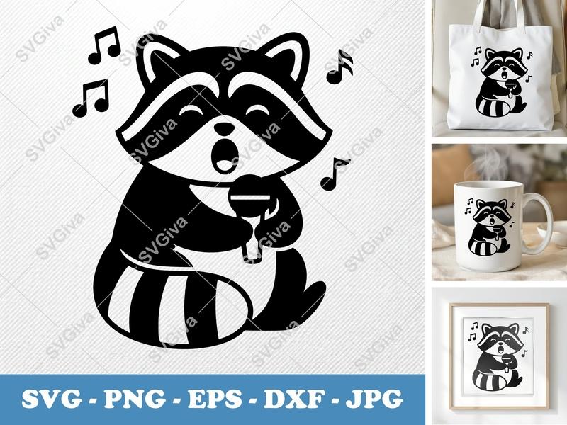 Raccoon SVG Singing, Karaoke Raccoon, Music Notes | PNG EPS DXF | Cricut, Silhouette Cut File, Animal Clipart, Digital Download