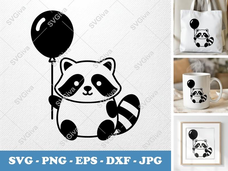 Raccoon SVG with Balloon | Cute Animal Cut File | Modern Cartoon | PNG EPS DXF | Cricut Silhouette Ready