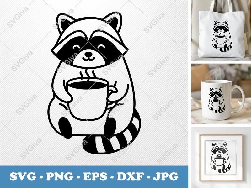 Raccoon SVG with Coffee Cup | Cute Animal Clipart | Modern Design DXF PNG EPS for Cricut & Silhouette, Digital Download