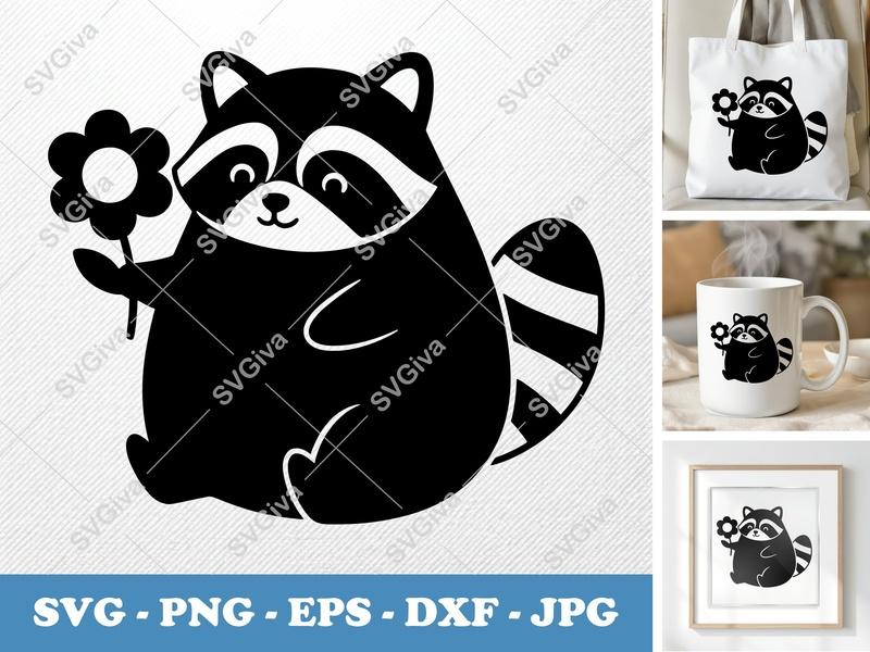 Raccoon SVG with Flower | Puffy Soft Forms | Inflated Pillow-Soft Design | PNG DXF EPS | Cricut Silhouette