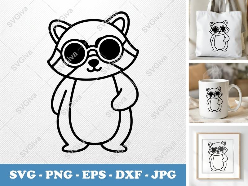 Raccoon SVG with Glasses | Modern Clean Design | PNG EPS DXF | Cricut Silhouette Cut File Vector Art