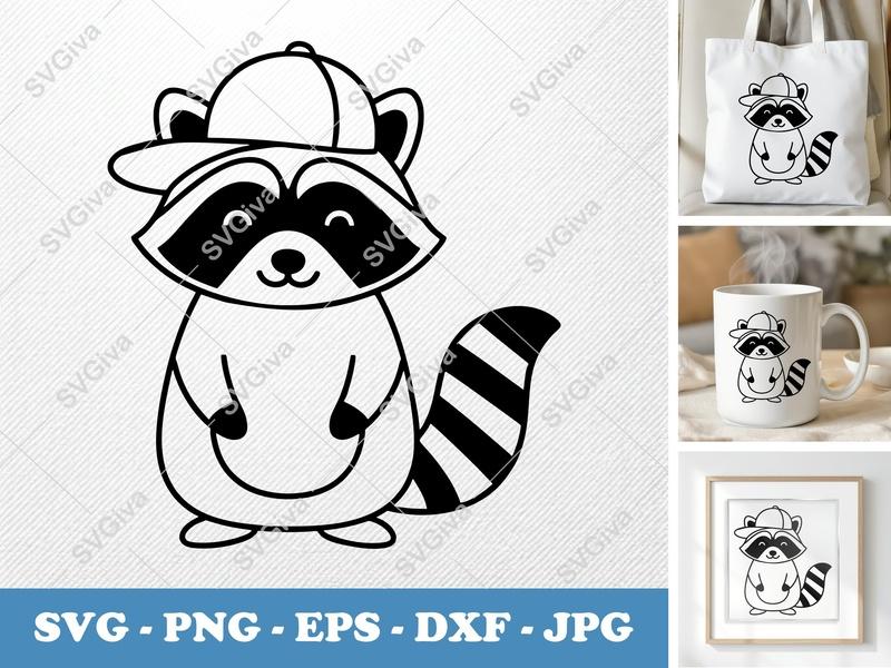 Raccoon SVG with Hat, Modern Clean Raccoon Cut File, PNG, EPS, DXF for Cricut & Silhouette, Digital Download
