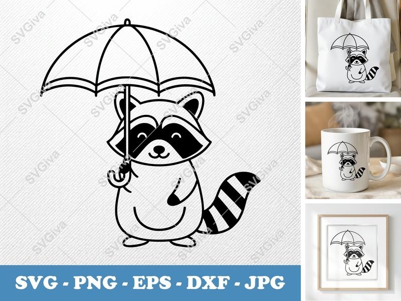 Raccoon SVG with Umbrella, Cute Raccoon Clipart, Raccoon Cut File | PNG EPS DXF | Cricut Silhouette File