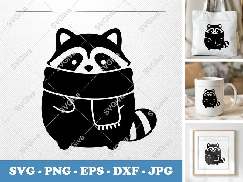 Raccoon Wearing a Scarf SVG | Puffy Pillow-Soft Form Cut File | PNG DXF EPS | Cricut Silhouette | Cute Animal