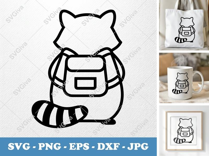 Raccoon Wearing Backpack SVG | Minimalist Character Cut File | Bold Contour PNG DXF EPS | Cricut Silhouette Design